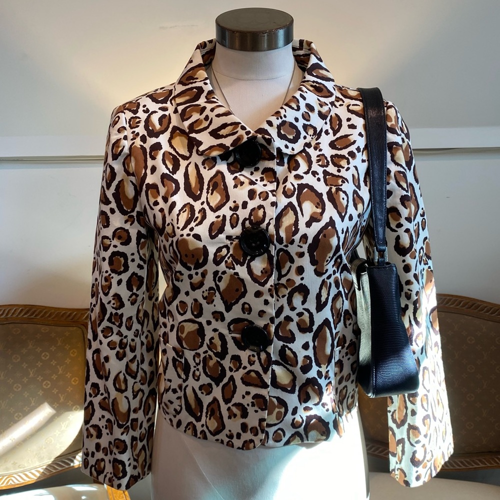 Vintage 90s Y2K Brown and White Leopard Print Cropped Blazer Jacket Cotton-Blend
